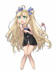  ahoge astarotte_ygvar astcd2 blonde_hair bow cropped_legs demon_tail fang green_eyes hair_bow knees_together_feet_apart knees_touching long_hair lotte_no_omocha! navel navel_cutout open_mouth panties pointy_ears slit_pupils solo tail twintails underwear very_long_hair 