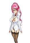 bad_id bad_pixiv_id black_panties breasts cleavage copyright_request delta_zone fishnet_legwear fishnets garter_belt harness large_breasts open_clothes open_shirt panties pink_hair see-through shirt solo thighhighs underwear underwear_only white_shirt 