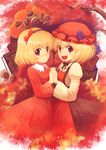  aki_minoriko aki_shizuha autumn blonde_hair chestnut food fruit grapes hair_ornament harvest hat highres holding_hands interlocked_fingers kanini leaf leaf_hair_ornament multiple_girls persimmon red_eyes short_hair siblings sisters touhou 