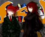  animal_ears bow braid cat_ears contemporary extra_ears graffiti hair_bow hands_in_pockets jacket kaenbyou_rin long_hair multiple_girls necktie red_eyes red_hair reiuji_utsuho short_hair smile touhou trench_coat twin_braids twintails wings yakusui 