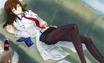  book brown_hair closed_eyes dr_pepper highres jacket jyairo labcoat legwear_under_shorts long_hair makise_kurisu necktie pantyhose red_neckwear shorts sleeping soda solo steins;gate 