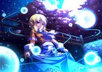  arm_warmers blonde_hair blue_eyes bridge cherry_blossoms curtsey dress fireflies glowing highres light_smile mizuhashi_parsee moon pointy_ears ryosios scarf short_hair skirt_hold sky solo star_(sky) starry_sky touhou tree wading water 