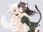  2girls animal_ears ass black_hair blue_eyes catgirl collar dress foxgirl photoshop red_eyes ribbons snow tail white_hair yuri 