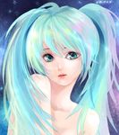  aqua_eyes aqua_hair bare_shoulders dorris face hatsune_miku lips long_hair solo twintails upper_body vocaloid 