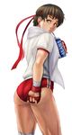  adjusting_buruma adjusting_clothes ass bandages brown_eyes buruma drinking gloves gym_uniform headband hero_(do-belman) kasugano_sakura legs looking_back making_of pocari_sweat product_placement short_hair simple_background solo street_fighter towel white_background 