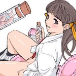  1girl @work aliasing brown_eyes brown_hair hair_ribbon long_hair looking_at_viewer oekaki panties panties_down panty_pull parasite pussy ribbon shirt simple_background solo test_tube that_mysterious_guy_who_draws_worms_on_oekaki toilet uncensored underwear white_background worms 