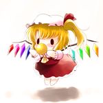  ascot blonde_hair chibi flandre_scarlet floating hat highres o_o pacifier short_hair side_ponytail simple_background solo touhou wings yume_shokunin 