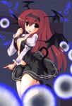  araimon bat_wings blush bookshelf breasts danmaku demon_tail fangs hairband head_wings highres koakuma kunai large_breasts long_hair no_bra open_clothes open_mouth open_shirt red_eyes red_hair shirt solo tail touhou weapon wings 