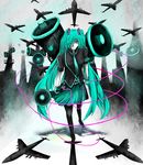  aircraft airplane alternate_costume angry aqua_eyes aqua_hair armband bad_id bad_pixiv_id belt black_legwear boots cable foreshortening gloves hair_over_one_eye hatsune_miku highres holding koi_wa_sensou_(vocaloid) long_hair long_skirt looking_at_viewer megaphone military necktie pale_skin pantyhose sirnoa skirt solo tsurime twintails very_long_hair vocaloid walking 