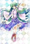  boots checkered checkered_background detached_sleeves frog gohei green_hair hair_ornament highres kochiya_sanae long_hair maisaki_miyabi snake solo standing touhou 