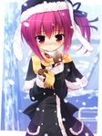  animal_hat beanie blush breath coat gloves hair_ribbon hat minato_tomoka pink_eyes pink_hair ribbon rou-kyuu-bu! scarf short_hair side_ponytail snowing solo striped striped_scarf winter yuku_(kiollion) 