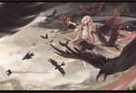  animal bandages barefoot bird breasts cleavage crow flock hood hooded_jacket hoodie jacket letterboxed long_hair midriff navel pants pixiv_fantasia pixiv_fantasia_5 pointing red_eyes sarashi silver_hair small_breasts solo tears very_long_hair wings zhao_shuwen 
