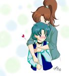  2girls bishoujo_senshi_sailor_moon blue_eyes blue_hair blush brown_hair choker clothes earrings from_behind green_eyes hair_bobbles hair_ornament heart hug hug_from_behind jewelry kino_makoto long_hair love mizuno_ami multiple_girls necklace ponytail short_hair shy sweater wavy_hair yuri 