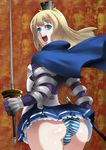  1boy ass blonde_hair blue_eyes bulge cape crossdressing crown gauntlets ippo long_hair looking_back lord_of_trash male male_focus open_mouth panties skirt smile solo striped striped_panties sword trap underwear weapon 