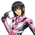  bad_id bad_pixiv_id black_eyes black_hair bob_cut bodysuit cosplay evangelion:_2.0_you_can_(not)_advance glasses makinami_mari_illustrious makinami_mari_illustrious_(cosplay) neon_genesis_evangelion pink_bodysuit plugsuit rebuild_of_evangelion sakamoto_maaya seiyuu seiyuu_connection short_hair simple_background solo soukuu upper_body 