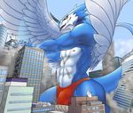  anthro bandai_namco biped blue_body blue_skin bulge claws clothed clothing countershading destruction digimon digimon_(species) dragon exveemon facial_markings fangs feathered_dragon feathered_scalie feathered_wings feathers grin head_markings horn macro male markings mick39 muscular muscular_anthro muscular_male mythological_creature mythological_scalie mythology red_eyes scalie skimpy smile solo standing tail teeth thong tongue underwear wings xbuimonsama 