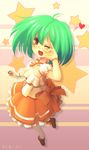 bow dress fang green_hair macross macross_frontier open_mouth purdoy25 ranka_lee red_eyes short_hair smile solo thighhighs 