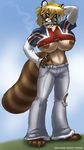  blonde_hair breasts cigarette collar female gideon hair huge_breasts jeans looking_at_viewer nipples raccoon smoking solo tail thong union_flag 