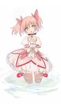  bad_id bad_pixiv_id bubble_skirt choker full_body highres kaname_madoka kneeling magical_girl mahou_shoujo_madoka_magica noco_(adamas) pink_eyes pink_hair puffy_sleeves red_choker shoes short_twintails simple_background skirt solo tears twintails 