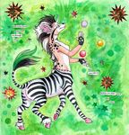  chival chival_(character) ear_piercing earring equine female piercing solo stitches tail taur topless unicorn zebra 