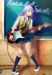  guitar highres instrument necktie original osamu pigeon-toed purple_hair school_uniform shoes skirt socks solo sweater_vest uwabaki 