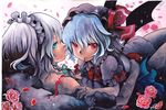  bat_wings blood braid fang flower green_eyes hat izayoi_sakuya lavender_hair mosho multiple_girls petals pink_flower pink_rose red_eyes remilia_scarlet ribbon rose rose_petals short_hair signature silver_hair touhou traditional_media twin_braids watercolor_(medium) wings 