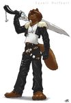  2007 blue_eyes brown brown_hair canine final_fantasy final_fantasy_viii gideon gunblade hair male necklace short_hair solo squall_leonhart standing sword tail video_games weapon wolf 