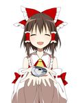  ascot bad_id bad_pixiv_id bow brown_hair closed_eyes commentary detached_sleeves fish hair_bow hair_tubes hakurei_reimu in_palm rin_(royal) severed_head simple_background smile solo touhou white_background 