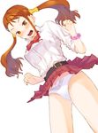  anjou_naruko ano_hi_mita_hana_no_namae_wo_bokutachi_wa_mada_shiranai. belt blush breasts brown_eyes brown_hair embarrassed large_breasts legs long_hair panties pantyshot simple_background skirt sleeves_rolled_up solo twintails underwear white_panties wind wind_lift yamamoto_shima 