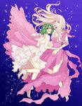  absurdres blonde_hair blue_eyes breasts cleavage dress fuu_(pixiv502572) green_hair highres jewelry long_hair macross macross_frontier medium_breasts multiple_girls open_mouth ranka_lee red_eyes sheryl_nome short_hair single_earring small_breasts smile 