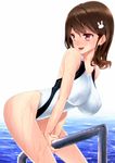  amasora_taichi breasts brown_hair competition_swimsuit impossible_clothes one-piece_swimsuit original red_eyes sexually_suggestive short_hair solo swimsuit wet 