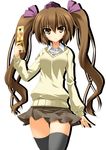  alternate_costume black_legwear brown_eyes brown_hair cellphone contemporary hair_ornament hat heart himekaidou_hatate long_hair phone rappa_(rappaya) school_uniform smile solo sweater thighhighs tokin_hat touhou twintails zettai_ryouiki 