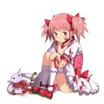  :3 bad_id bad_pixiv_id blood blood_on_face blush bubble_skirt choker full_body gloves kaname_madoka kyubey lapucelle_(arasoo1210) leg_hug magical_girl mahou_shoujo_madoka_magica pink_eyes pink_hair puffy_sleeves severed_head shoes short_hair short_twintails simple_background sitting skirt tears twintails white_gloves 