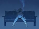  barefoot blue bottomless cigarette couch dirty dirty_feet feet kochiya_sanae long_hair monochrome sitting slouching smoke smoking soles solo sweater toes touhou ume_(noraneko) 