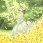  ahoge blush bug butterfly closed_eyes dress flower forest green_hair hair_flower hair_ornament highres insect kuga_tsukasa leaf long_hair nature original petals plant profile smile solo tree 