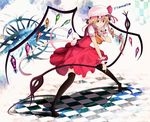  ascot bad_id bad_pixiv_id blonde_hair bow checkered checkered_floor crystal dress flandre_scarlet hair_bow hat highres laevatein open_mouth orange_eyes pigeon-toed short_hair solo thighhighs touhou wings wrist_cuffs yodori 