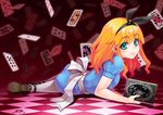  alice_(wonderland) alice_in_wonderland blonde_hair blush book card checkered checkered_floor falling_card green_eyes hairband happa_(cloverppd) looking_back lying on_floor pantyhose playing_card solo white_legwear 