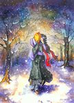  1girl absurdres black_hair bleach highres hug huge_filesize japanese_clothes kuchiki_rukia kurosaki_ichigo orange_hair scarf snow traditional_media watercolor_(medium) yuria-chu 