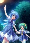  blue_dress blue_eyes blue_hair blush bow breasts cirno daiyousei dress fairy forest full_moon green_eyes green_hair hair_bow hair_ribbon highres holding_hands moon multiple_girls nature night open_mouth pointing ribbon side_ponytail small_breasts takeponi thighhighs touhou tree white_legwear wings zettai_ryouiki 