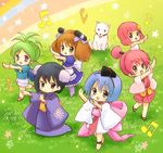  aroe binchou-tan binchou-tan_(character) black_hair blue_hair brown_hair chibi chiku-rin chiku-tan dancing dog eijima_moko green_hair kunugi-tan multiple_girls musical_note pink_hair ren-tan 