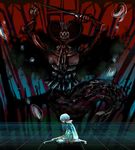  1girl armor blue_hair cape commentary_request covering_face crown crying dual_persona from_side highres kusunoki_(tallnight) magical_girl mahou_shoujo_madoka_magica mahou_shoujo_madoka_magica_(anime) mermaid miki_sayaka miki_sayaka_(magical_girl) monster_girl oktavia_von_seckendorff perspective pleated_skirt short_hair sitting skirt spoilers sword tears wariza weapon witch's_labyrinth 