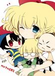  1girl 3boys =_= bad_id bad_pixiv_id black_hair blonde_hair blue_eyes glasses grin haru_(kyou) hat heart hug jeff_andonuts mother_(game) mother_2 multiple_boys ness one_eye_closed paula_(mother_2) poo_(mother_2) red_eyes smile v 