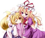  aburaage blonde_hair blush dress food fox_tail hand_on_another's_head hands_in_opposite_sleeves hat lolikari long_hair multiple_girls one_eye_closed petting purple_dress purple_eyes short_hair tail touhou yakumo_ran yakumo_yukari yellow_eyes younger yukimiya_(parupunta) 