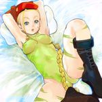  armpits arms_behind_head arms_up bed beret blonde_hair blue_eyes boots braid breasts cammy_white covered_nipples green_leotard hat kazaana leotard long_hair lying medium_breasts on_back pillow single_braid solo street_fighter 