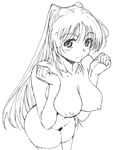  breast_squeeze breasts collarbone greyscale kousaka_tamaki large_breasts leaning_forward long_hair looking_at_viewer monochrome nipples nude pubic_hair sketch solo thighhighs to_heart_2 yamaguchi_homupe 