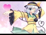  ;d aqua_eyes blush green_eyes hand_on_headwear hat heart heart_of_string highres jpeg_artifacts komeiji_koishi kusano_(torisukerabasu) letterboxed one_eye_closed open_mouth outstretched_hand smile solo third_eye touhou 