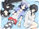  black_eyes black_hair blue_eyes blue_hair character_request copyright_request hat hinata-bokko_(sanpo_fuumi) multiple_girls short_hair striped striped_legwear thighhighs 