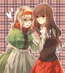  apron arm_grab axis_powers_hetalia bad_id bad_pixiv_id belgium_(hetalia) blonde_hair breasts brown_hair dress green_eyes hair_ribbon heart hinase_kei hungary_(hetalia) long_hair medium_breasts multiple_girls ribbon yuri 