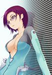  bodysuit breasts center_opening cleavage glasses medium_breasts original purple_eyes purple_hair short_hair solo tanuki91 