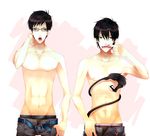  2boys ao_no_exorcist black_hair blue_eyes brothers glasses highres multiple_boys okumura_rin okumura_yukio open_mouth pointy_ears shirtless siblings tail underwear unzipped yaoi 